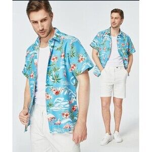 ENVMENST Button Down Shirt Mens Sz M Blue Flamingo Print Summer Beach Breathable